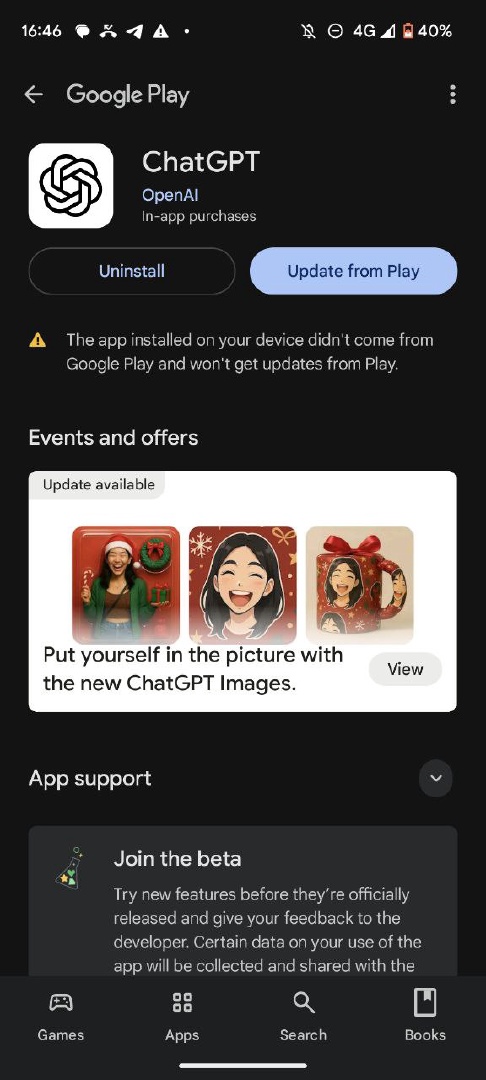 Google Play warning — ChatGPT installed on device did not come from Google Play