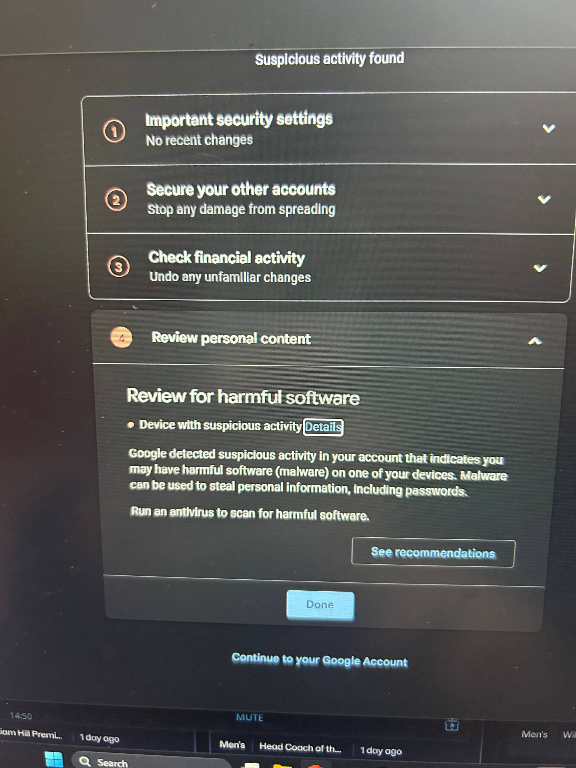 Google Suspicious Activity Found — Review for harmful software