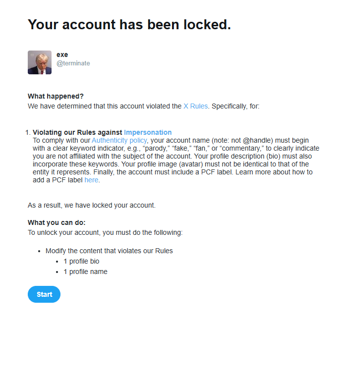 X / Twitter account locked — Impersonation policy